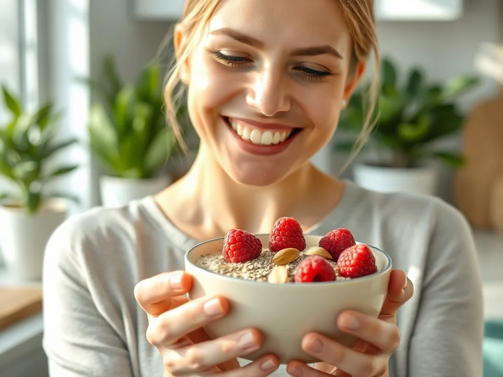 Uśmiechnięta kobieta przygotowuje zdrową owsiankę z owocami i bakaliami, promując zbilansowaną dietę bogatą w błonnik.