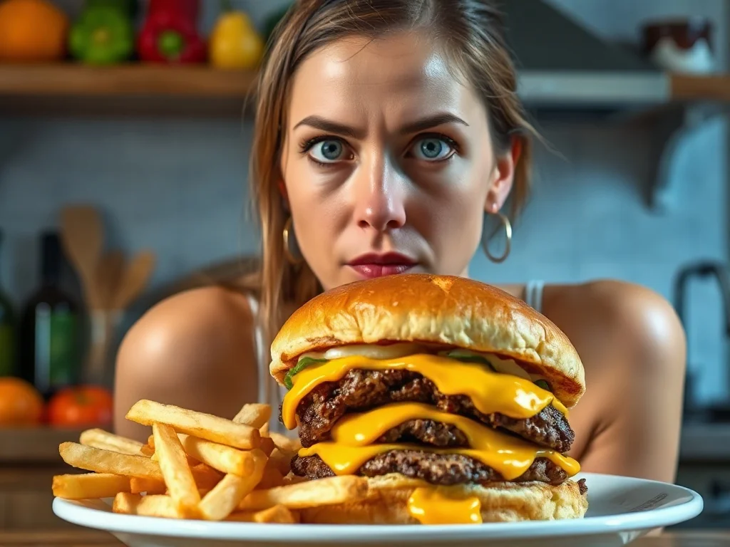 Kobieta z powątpiewaniem patrzy na tłustego cheeseburgera z frytkami, kontrastując niezdrowe jedzenie ze świeżymi warzywami.